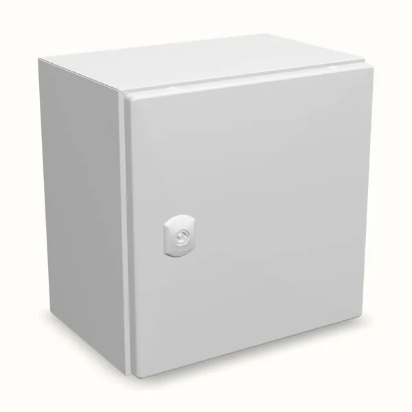 Caja mural DM con placa de montaje 300×300×210, vista de tres cuartos