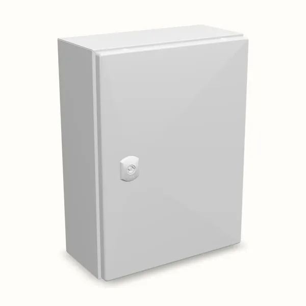 Caja mural DM con placa de montaje 400×300×150, vista de tres cuartos