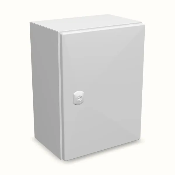 Caja mural DM con placa de montaje 400×300×210, vista de tres cuartos