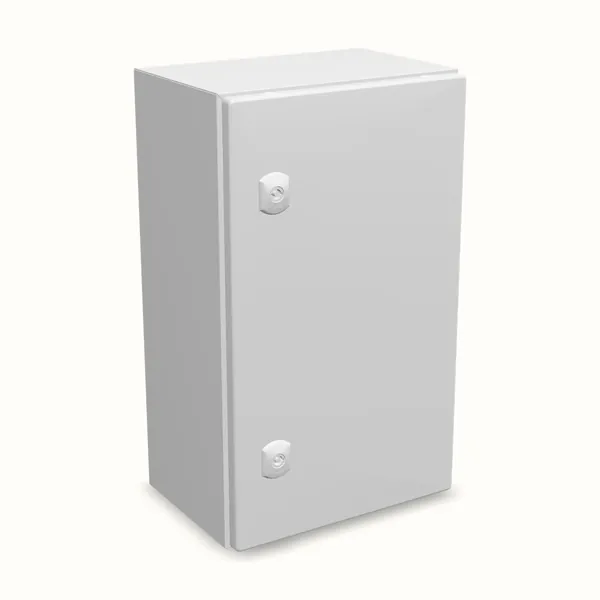 Caja mural DM con placa de montaje 500×300×210, vista de tres cuartos