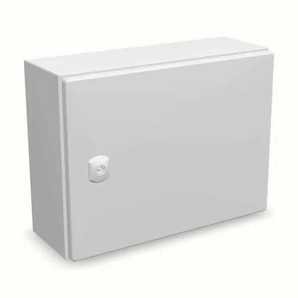 Caja mural DM horizontal con placa de montaje 300×400×150, vista de tres cuartos