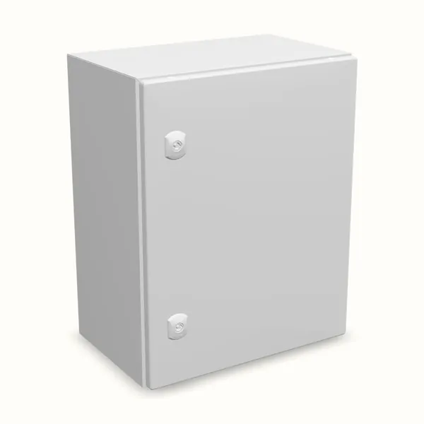 Caja mural DM con placa de montaje 500×400×260, vista de tres cuartos