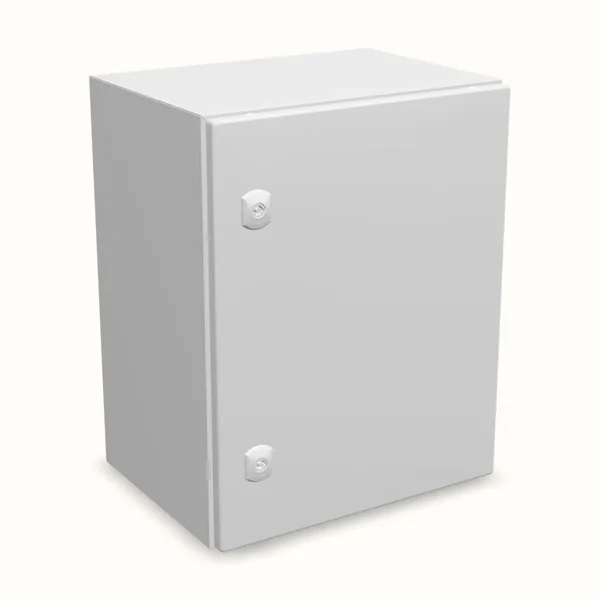 Caja mural DM con placa de montaje 500×400×300, vista de tres cuartos