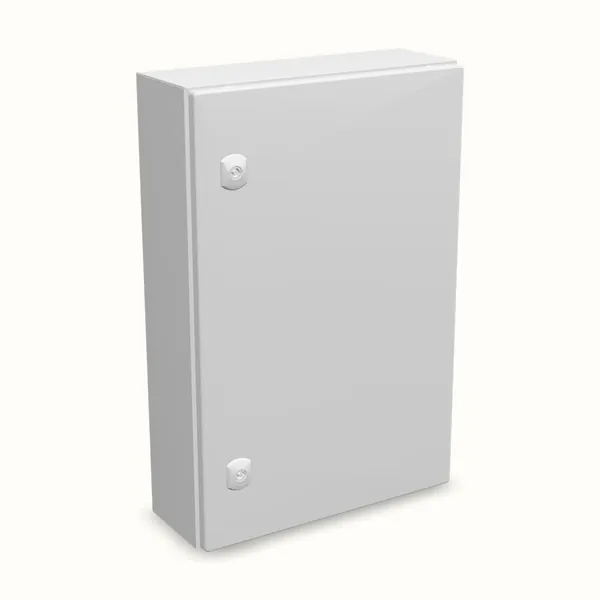 Caja mural DM con placa de montaje 600×400×150, vista de tres cuartos