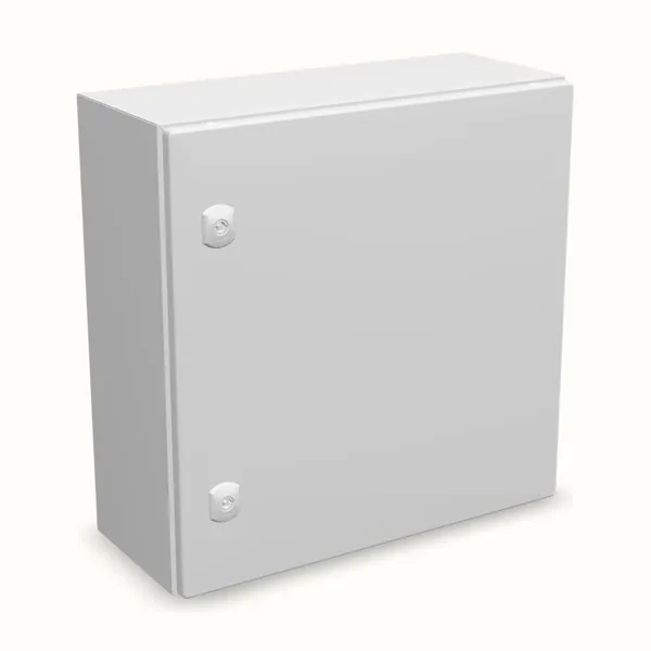 Caja mural DM con placa de montaje 500×500×210, vista de tres cuartos