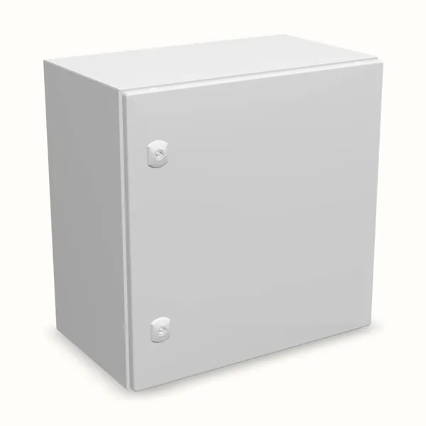 Caja mural DM con placa de montaje 500×500×300, vista de tres cuartos