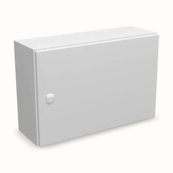 Caja mural DM horizontal con placa de montaje 400×600×210, vista de tres cuartos