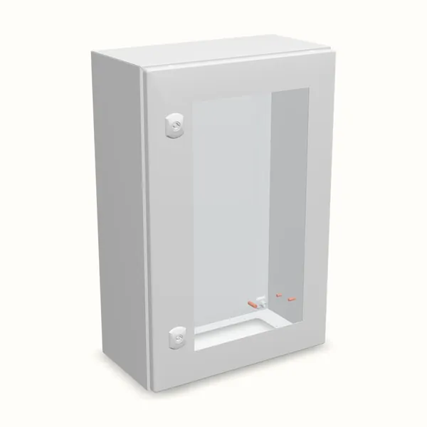 Caja mural DM con puerta transparente con placa 600×400×210, vista de tres cuartos