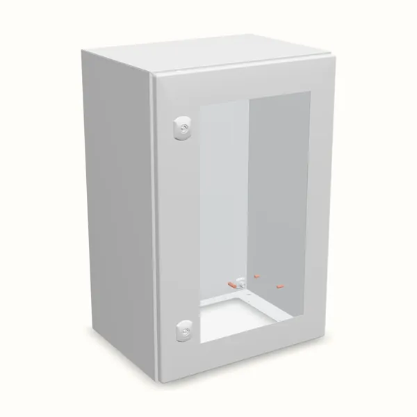 Caja mural DM con puerta transparente con placa 600×400×300, vista de tres cuartos