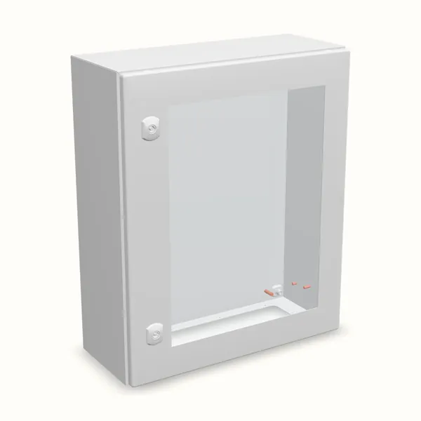 Caja mural DM con puerta transparente con placa 600×500×210, vista de tres cuartos