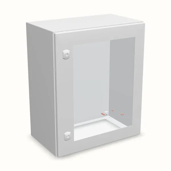 Caja mural DM con puerta transparente con placa 600×500×300, vista de tres cuartos