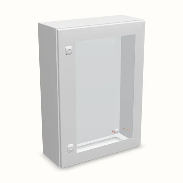 Caja mural DM con puerta transparente con placa 700×500×210, vista de tres cuartos