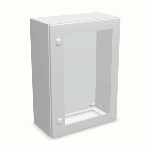 Caja mural DM con puerta transparente con placa 700×500×260, vista de tres cuartos