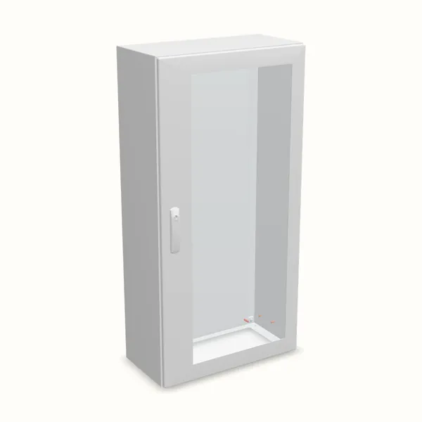 Caja mural DM con puerta transparente con placa 1200×600×300, vista de tres cuartos