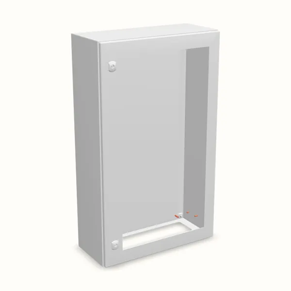 Caja mural DM con puerta transparente con placa 1000×600×260, vista de tres cuartos