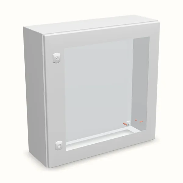 Caja mural DM con puerta transparente con placa 600×600×210, vista de tres cuartos