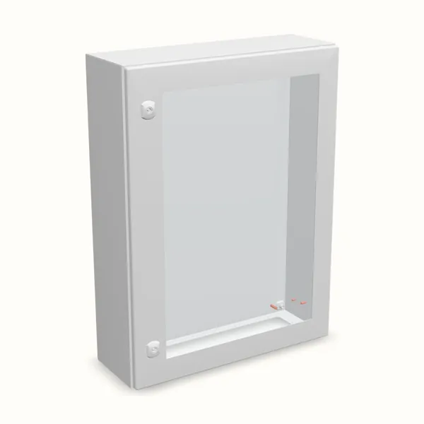Caja mural DM con puerta transparente con placa 800×600×210, vista de tres cuartos