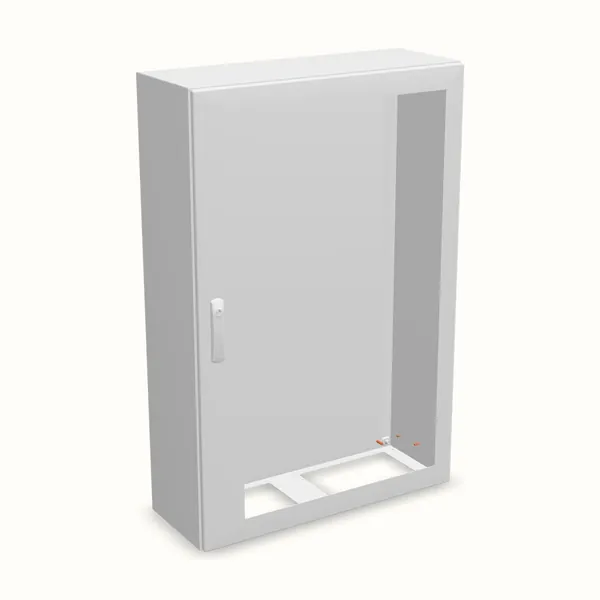 Caja mural DM con puerta transparente con placa 1200×800×300, vista de tres cuartos