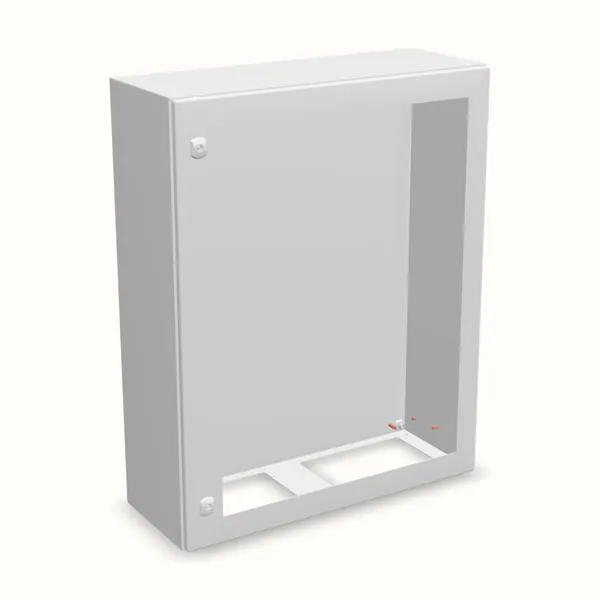 Caja mural DM con puerta transparente con placa 1000×800×300, vista de tres cuartos
