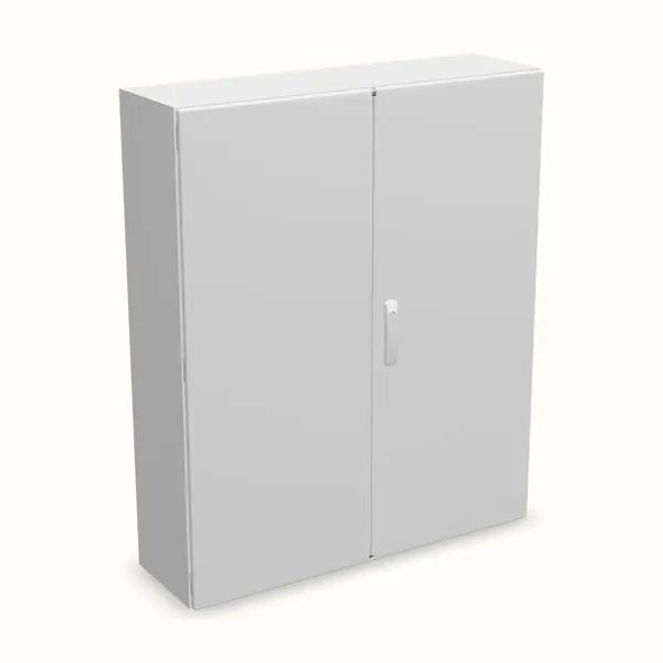 Caja mural DM puerta doble con placa de montaje 1200×1000×300, vista de tres cuartos