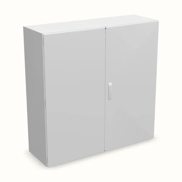Caja mural DM puerta doble con placa de montaje 1200×1200×400, vista de tres cuartos