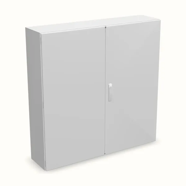 Caja mural DM puerta doble con placa de montaje 1200×1200×300, vista de tres cuartos