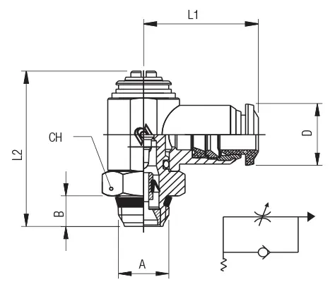 50901 · Regulador unidireccional orientable para cilindro “universal short”, regulación a destornillador, dibujo acotado del catálogo de Aignep