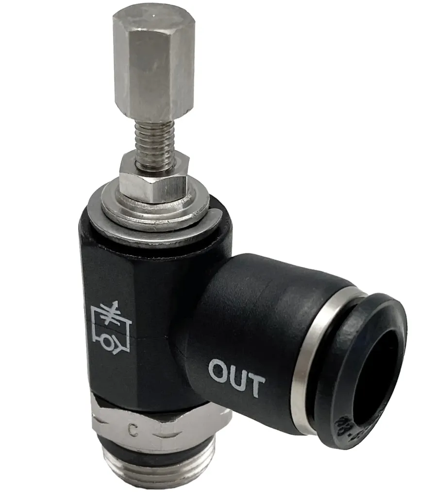 55905 · Regulador unidireccional orientable para cilindro “universal short”, regulación manual, foto del catálogo de Aignep