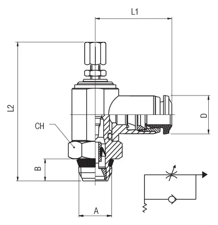 55905 · Regulador unidireccional orientable para cilindro “universal short”, regulación manual, dibujo acotado del catálogo de Aignep