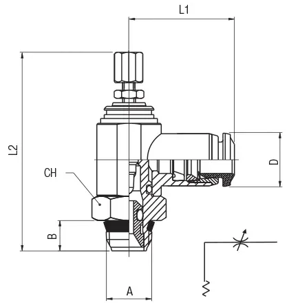 55925 · Regulador bidireccional orientable “universal short”, regulación manual, dibujo acotado del catálogo de Aignep