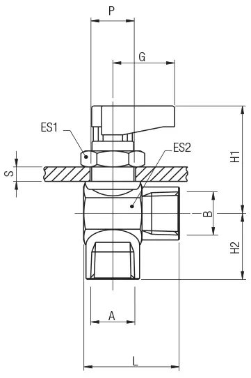 6720 · Válvula a L hembra G ISO 228, dibujo acotado del catálogo de Aignep