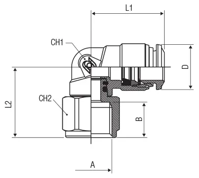 40106V · Cilíndrico con tórica racor a L orientable hembra, dibujo acotado del catálogo de Aignep