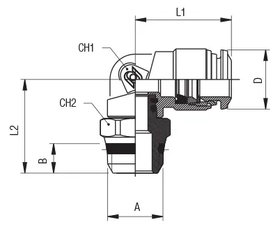 40111V · RA cor a L orientable macho "universal short", dibujo acotado del catálogo de Aignep