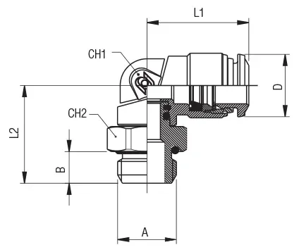 50116 · Racor a L orientable macho cilíndrico con tórica, dibujo acotado del catálogo de Aignep