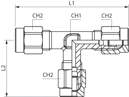 69200X · Racor a T intermedio, dibujo acotado del catálogo de Aignep