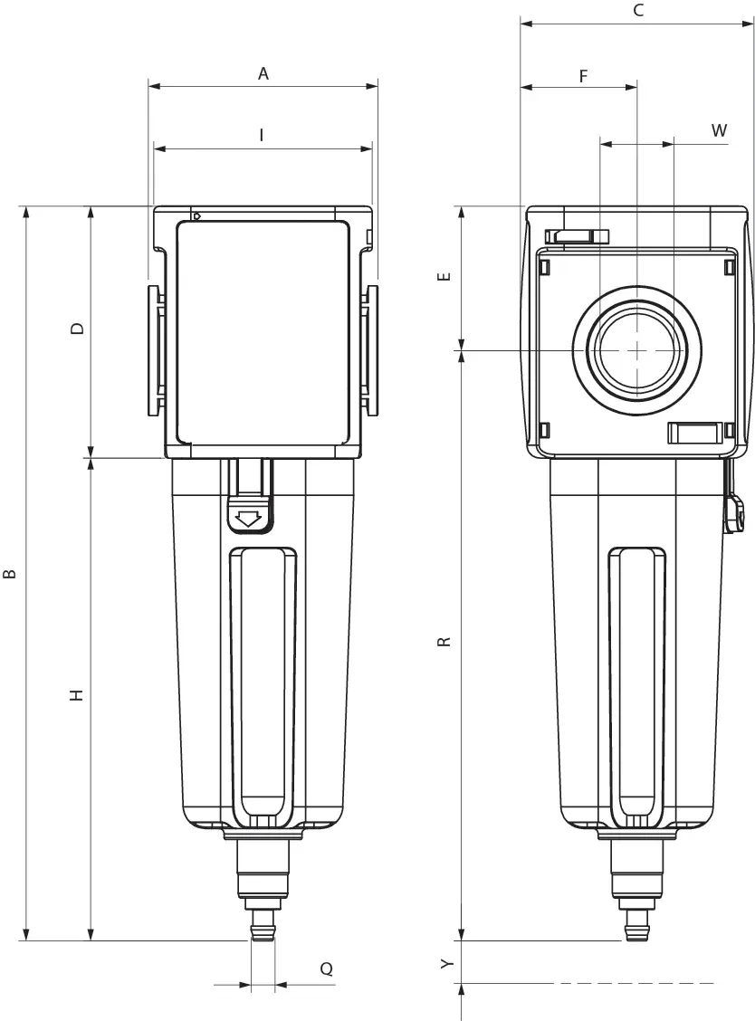 Y015 · Filtro coalescente, dibujo acotado del catálogo de Aignep