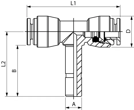 53240X · Racor a T orientable con espiga lisa, dibujo acotado del catálogo de Aignep