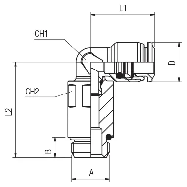 55126 · Racor a L orientable prolongado macho, dibujo acotado del catálogo de Aignep