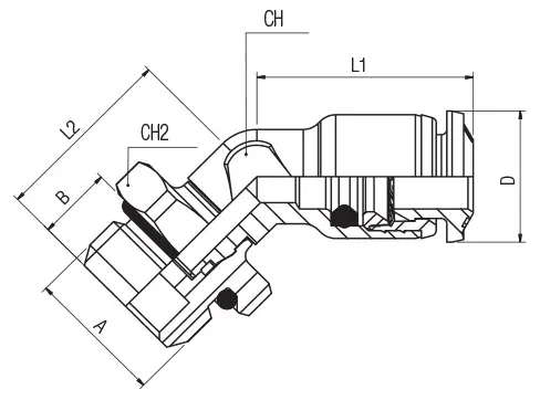 55175 · Racor orientable a 45° macho cilíndrico, dibujo acotado del catálogo de Aignep