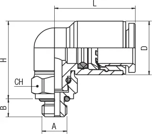 56115 · Racor a L orientable macho cilíndrico, dibujo acotado del catálogo de Aignep