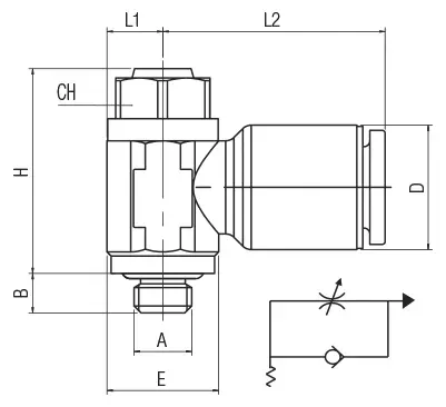 56900 · Regulador unidireccional orientable para cilindro, dibujo acotado del catálogo de Aignep