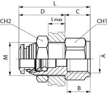 57055 · Racor recto intermedio pasatabiques hembra, dibujo acotado del catálogo de Aignep