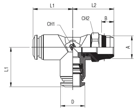 57223 · Racor a T orientable macho lateral cónico (short), dibujo acotado del catálogo de Aignep
