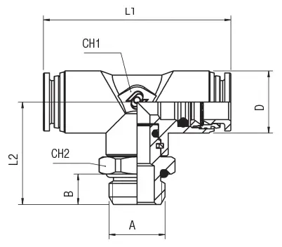 59216 · Racor a T orientable macho central, dibujo acotado del catálogo de Aignep