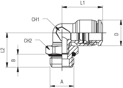 85116 · Racor a L orientable macho cilíndrico con tórica (unf), dibujo acotado del catálogo de Aignep