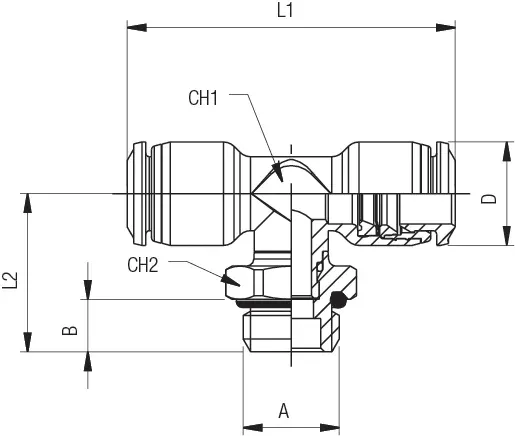 85216 · Racor a T orientable macho central cilíndrico con tórica (unf), dibujo acotado del catálogo de Aignep