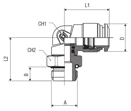 89116 · Racor a L orientable macho cilíndrico, dibujo acotado del catálogo de Aignep