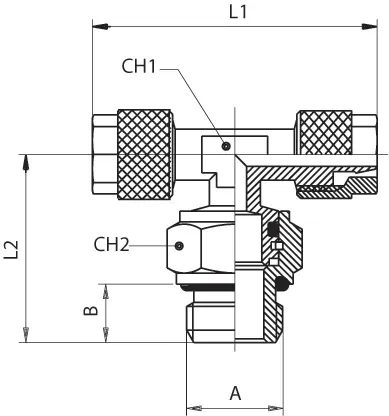 1215 · Racor a T orientable macho central cilíndrico con tórica, dibujo acotado del catálogo de Aignep