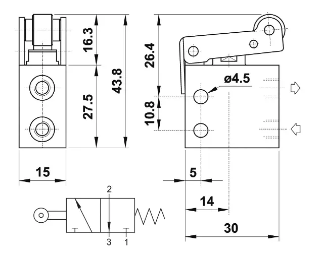 02V · Microválvula de rodillo corto, dibujo acotado del catálogo de Aignep