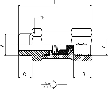 6063 · Válvula unidireccional macho - hembra, dibujo acotado del catálogo de Aignep